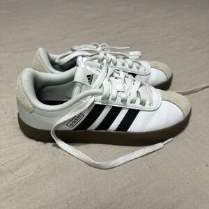 Adidas woman’s White and Black Sneakers with Tan Sole size 5 1/2